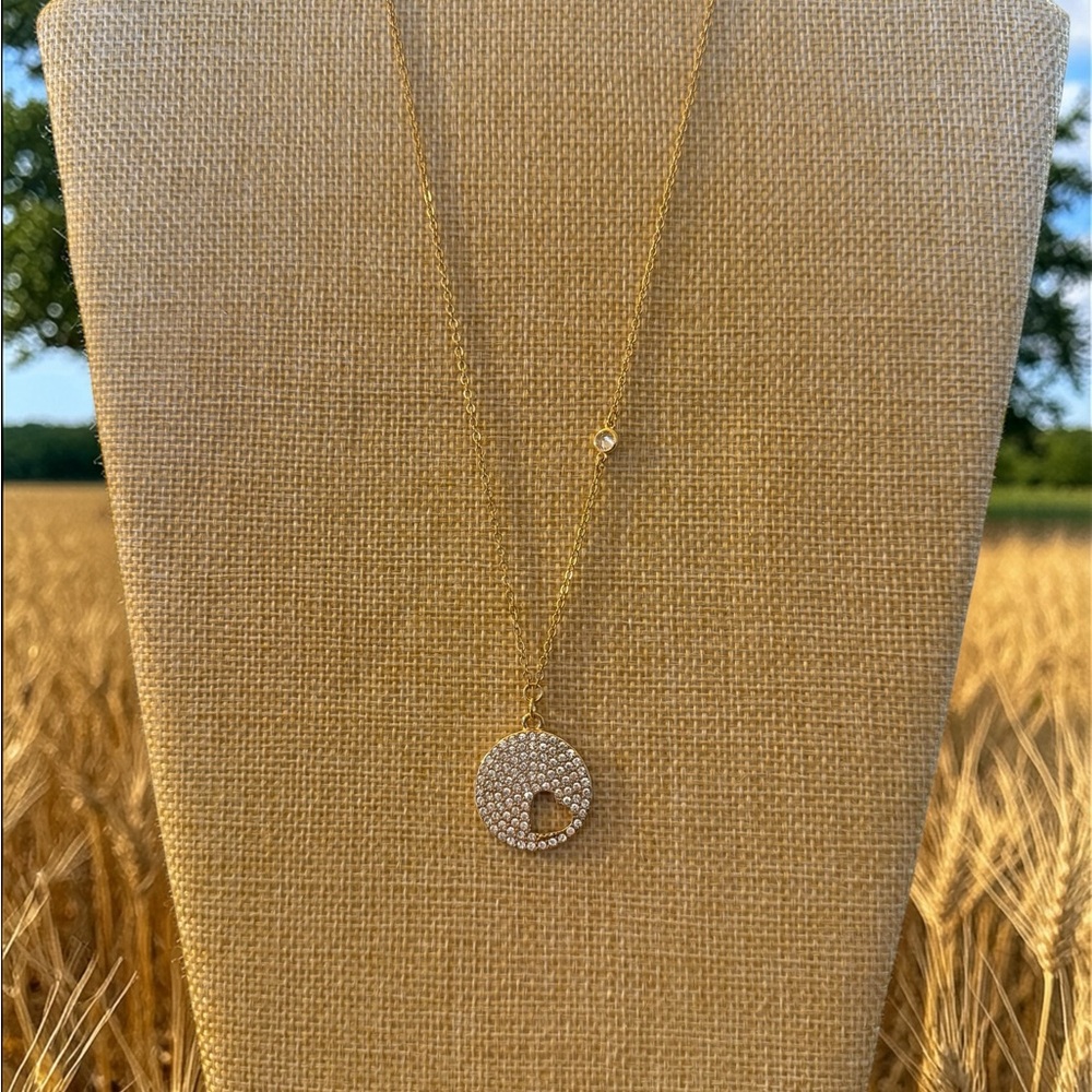 Gold Pavé Circle Pendant Necklace with Triangle Cutout - Women Jewelry